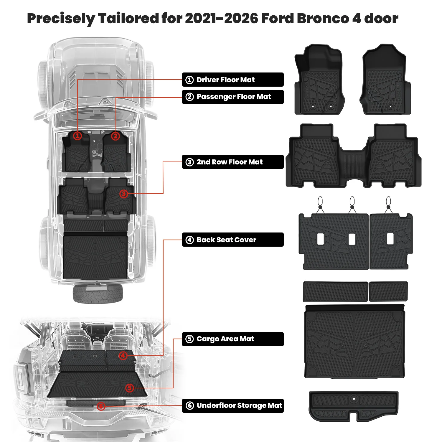 Fit for 2021-2026 Ford Bronco Custom Floor Mats or Cargo Mat, Not For Sport, Fit 4-Door & Not Rubberized Flooring - Image 47