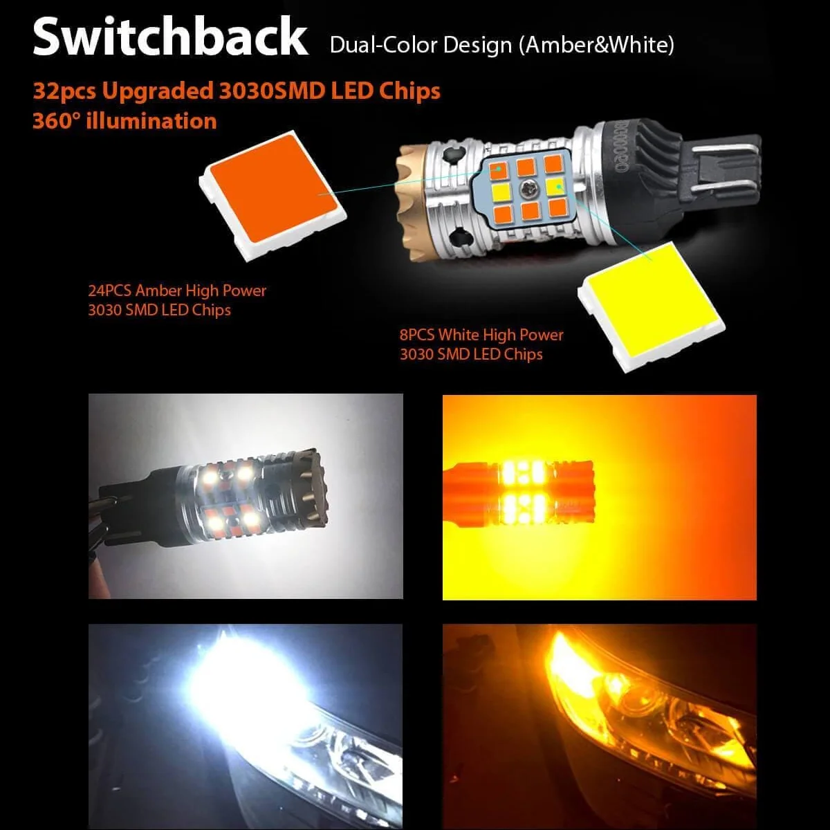 7443 7444 CANBUS Error Free Anti Hyper Flash Switchback LED Turn Signal Light Dual Color Blinker Bulb-CK Socket, 2 Bulbs - Image 6