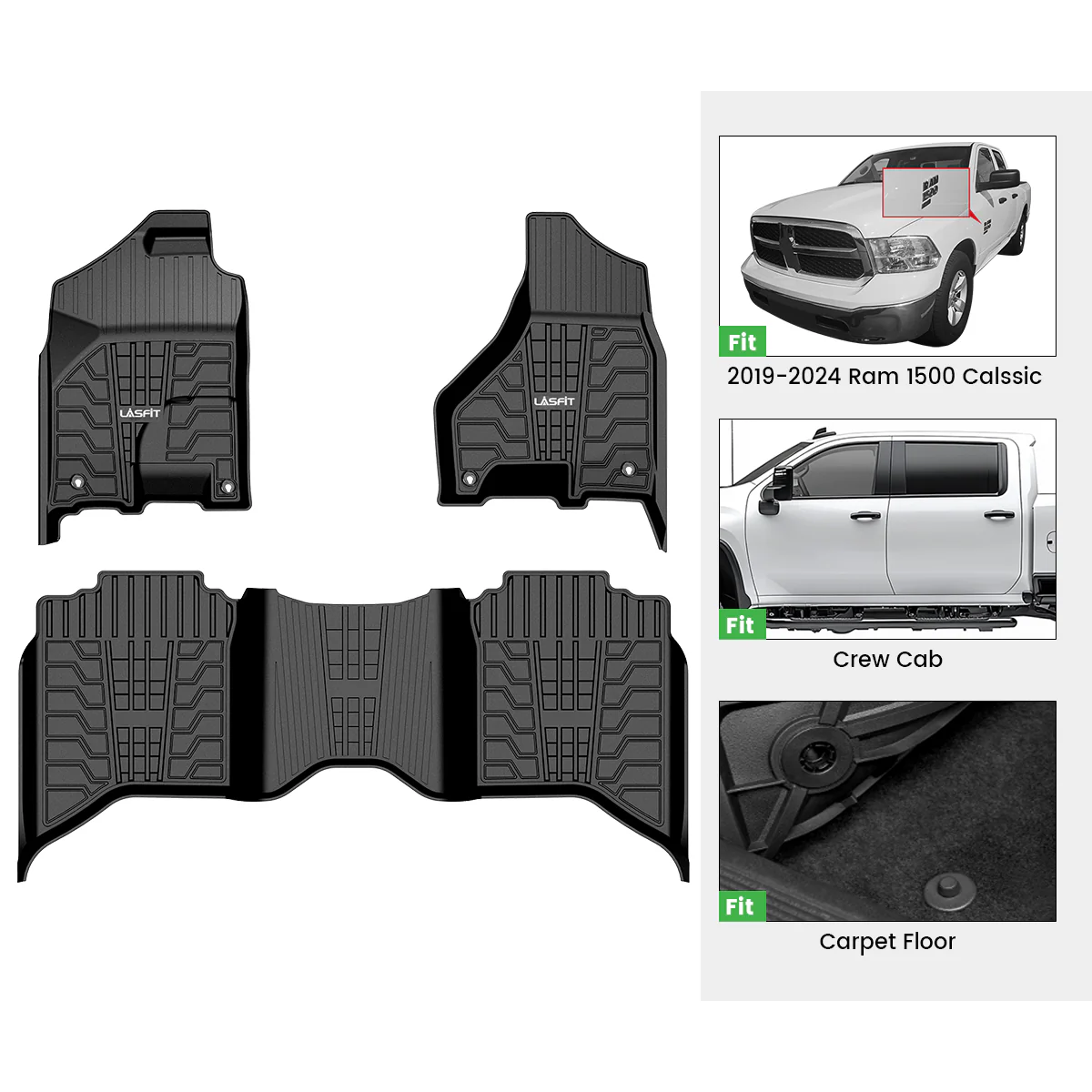 Fit for 2019-2024 Ram 1500 Classic All-Weather TPE Floor Mats, Fit Carpet Floor Only - Image 2