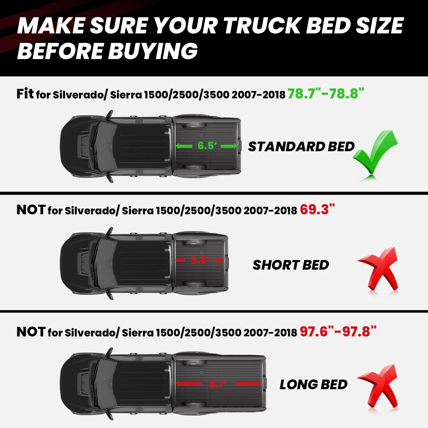 Fit for 2007-2018 GMC Sierra 1500 Heavy Duty 5.8FT or 6.5FT Bed Mat, Not Fit 2007 Classic Body Style - Image 3