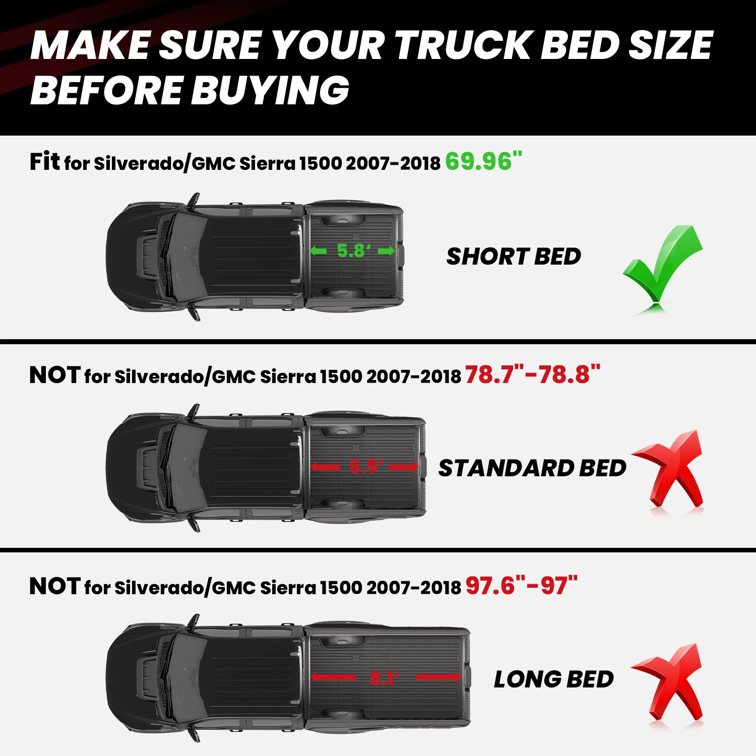 Fit for 2007-2018 GMC Sierra 1500 Heavy Duty 5.8FT or 6.5FT Bed Mat, Not Fit 2007 Classic Body Style - Image 13