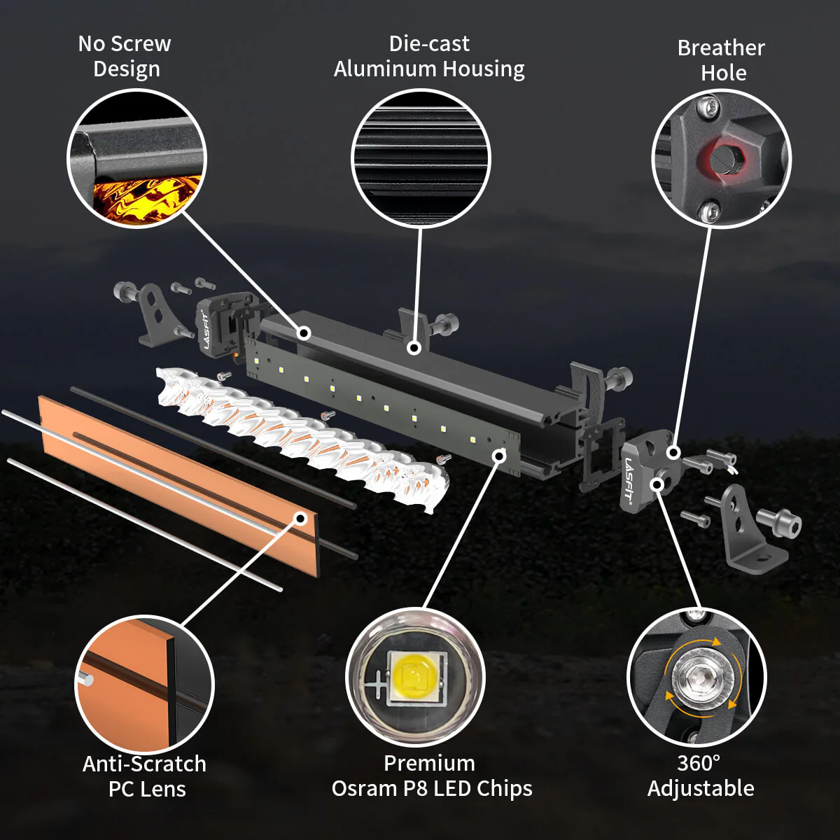Lasfit 12" Off-Road LED Amber Light Bar With Slim Single Row Combo Flood Spot Design | Bumper Grille Mount - Image 12