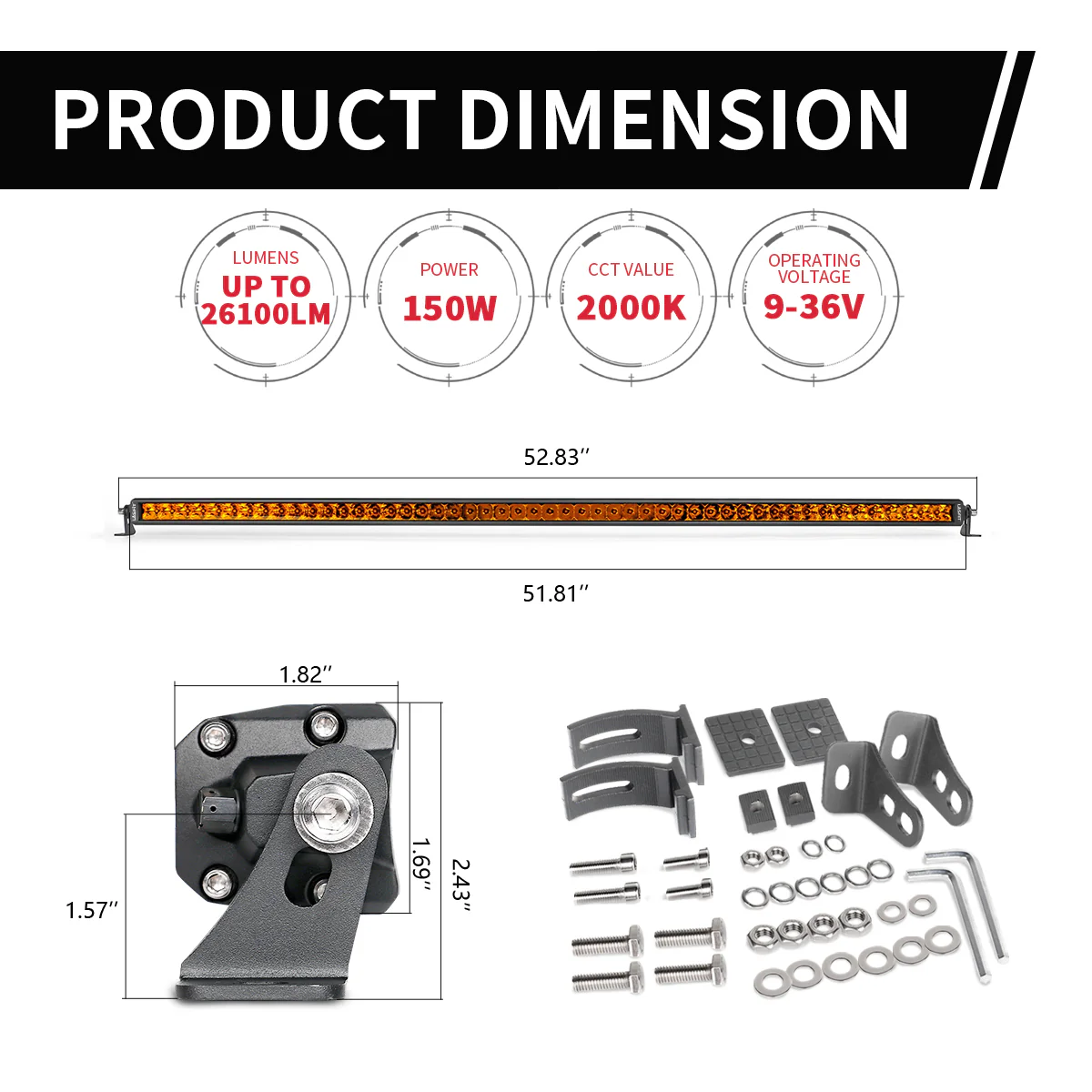 Lasfit 52" Off-Road LED Amber Light Bar With Slim Single Row Combo Flood Spot Design | Roof Rack Windshield Mount - Image 14